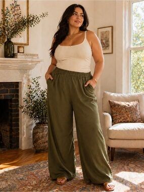 Cider Plus Size 2X High-Rise Wide Leg Pants in Olive Green